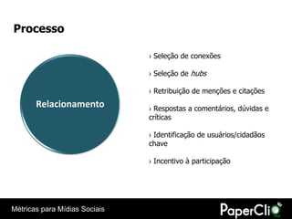 Processo

                               › Seleção de conexões

                               › Seleção de hubs

                               › Retribuição de menções e citações
       Relacionamento          › Respostas a comentários, dúvidas e
                               críticas

                               › Identificação de usuários/cidadãos
                               chave

                               › Incentivo à participação




Métricas para Mídias Sociais
 