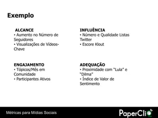 Exemplo

     ALCANCE                     INFLUÊNCIA
    • Aumento no Número de       • Número e Qualidade Listas
    Seguidores                   Twitter
    • Visualizações de Vídeos-   • Escore Klout
    Chave



    ENGAJAMENTO                  ADEQUAÇÃO
    • Tópicos/Mês em             • Proximidade com “Lula” e
    Comunidade                   “Dilma”
    • Participantes Ativos       • Índice de Valor de
                                 Sentimento




Métricas para Mídias Sociais
 