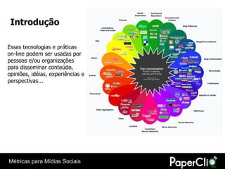 Introdução

Essas tecnologias e práticas
on-line podem ser usadas por
pessoas e/ou organizações
para disseminar conteúdo,
opiniões, idéias, experiências e
perspectivas...




Métricas para Mídias Sociais
 