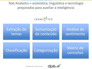 Text Analytics = estatística, linguística e tecnologia
       preparadas para auxiliar a inteligência




Extração de              Sumarização       Análise de
   temas                 de conteúdo      sentimento


                                           Matriz de
Classificação           Categorização
                                           conceitos


             @LeoNaressi / #imersaoms
 