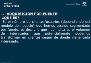 1.- ADQUISICIÓN POR FUENTE: 
¿QUÉ ES? 
Es el número de clientes/usuarios (dependiendo del 
modelo de negocio) que hemos atraído segmentado 
por fuente, es decir, lo que nos indica es el volumen 
de interesados que potencialmente podemos 
transformar en clientes según de dónde viene cada 
interesado. 
Fuente: javiermejias.com 
 
