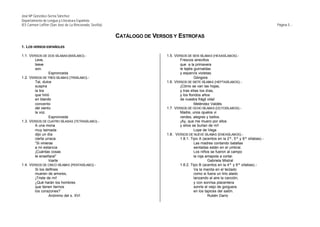 José Mª González-Serna Sánchez
Departamento de Lengua y Literatura Española
IES Carmen Laffón (San José de La Rinconada, Sevilla)                                                                                 Página 5.-


                                                        CATÁLOGO DE VERSOS Y ESTROFAS
1. LOS VERSOS ESPAÑOLES

1.1. VERSOS DE DOS SÍLABAS (BISÍLABO).-                                 1.5. VERSOS DE SEIS SÍLABAS (HEXASÍLABOS).-
        Leve,                                                                   Frescos airecillos
        breve                                                                   que a la primavera
        son.                                                                    le tejéis guirnaldas
                  Espronceda                                                    y esparcís violetas.
1.2. VERSOS DE TRES SÍLABAS (TRISÍLABO).-                                                 Góngora
        Tal, dulce                                                      1.6. VERSOS DE SIETE SÍLABAS (HEPTASÍLABOS).-
        suspira                                                                 ¡Cómo se van las hojas,
        la lira                                                                 y tras ellas los días,
        que hirió                                                               y los floridos años
        en blando                                                               de nuestra frágil vida!
        concento                                                                          Meléndez Valdés
        del viento                                                      1.7. VERSOS DE OCHO SÍLABAS (OCTOSÍLABOS).-
        la voz.                                                                 Madre, unos ojuelos vi
                  Espronceda                                                    verdes, alegres y bellos.
1.3. VERSOS DE CUATRO SÍLABAS (TETRASÍLABO).-                                   ¡Ay, que me muero por ellos
        A una mona                                                              y ellos se burlan de mí!
        muy taimada                                                                       Lope de Vega
        dijo un día                                                     1.8. VERSOS DE NUEVE SÍLABAS (ENEASÍLABOS).-
        cierta urraca:                                                          1.8.1. Tipo A (acentos en la 2ª, 5ª y 8ª sílabas).-
        “Si vinieras                                                                      Las madres contando batallas
        a mi estancia                                                                     sentadas están en el umbral.
        ¡Cuántas cosas                                                                    Los niños se fueron al campo
        te enseñara!”                                                                     la roja amapola a cortar.
                  Iriarte                                                                          Gabriela Mistral
1.4. VERSOS DE CINCO SÍLABAS (PENTASÍLABO).-                                    1.8.2. Tipo B (acentos en la 4ª y 8ª sílabas).-
        Si los delfines                                                                   Va la manita en el teclado
        mueren de amores,                                                                 como si fuera un lirio alado
        ¡Triste de mí!                                                                    lanzando al aire la canción,
        ¿Qué harán los hombres                                                            y con sonrisa placentera
        que tienen tiernos                                                                sonríe el viejo de gorguera
        los corazones?                                                                    en los tapices del salón.
                  Anónimo del s. XVI                                                               Rubén Darío
 