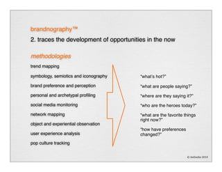 !
brandnography™
2. traces the development of opportunities in the now

methodologies
trend mapping

symbology, semiotics ...
