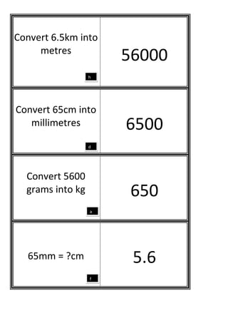 Convert 6.5km into
     metres
                      56000
                  h




Convert 65cm into
   millimetres        6500
                  d




  Convert 5600
  grams into kg        650
                  a




  65mm = ?cm           5.6
                  f
 