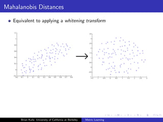 Mahalanobis Distances

   Equivalent to applying a whitening transform




      Brian Kulis University of California at Berkeley   Metric Learning
 