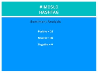 #IMCSLC
     HASHTAG

Sentiment Analysis

    Positive = 21

    Neutral = 68

    Negative = 0
 