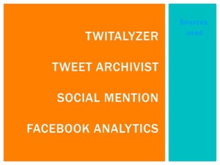 Sources
                      used
        TWITALYZER

   TWEET ARCHIVIST

    SOCIAL MENTION

FACEBOOK ANALYTICS
 