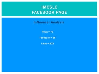 IMCSLC
FACEBOOK PAGE

Influencer Analysis

     Posts = 76

   Feedback = 36

    Likes = 222
 