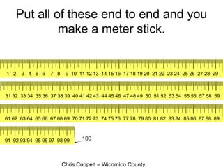 Chris Cuppett – Wicomico County,
Put all of these end to end and you
make a meter stick.
1 2 3 4 5 6 7 8 9 10 11 12 13 14 15 16 17 18 19 20 21 22 23 24 25 26 27 28 29
31 32 33 34 35 36 37 38 39 40 41 42 43 44 45 46 47 48 49 50 51 52 53 54 55 56 57 58 59
61 62 63 64 65 66 67 68 69 70 71 72 73 74 75 76 77 78 79 80 81 82 83 84 85 86 87 88 89
91 92 93 94 95 96 97 98 99 100
 