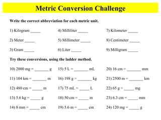 Write the correct abbreviation for each metric unit.
1) Kilogram _____ 4) Milliliter _____ 7) Kilometer _____
2) Meter _____ 5) Millimeter _____ 8) Centimeter _____
3) Gram _____ 6) Liter _____ 9) Milligram _____
Try these conversions, using the ladder method.
10) 2000 mg = _______ g 15) 5 L = _______ mL 20) 16 cm = _______ mm
11) 104 km = _______ m 16) 198 g = _______ kg 21) 2500 m = _______ km
12) 480 cm = _____ m 17) 75 mL = _____ L 22) 65 g = _____ mg
13) 5.6 kg = _____ g 18) 50 cm = _____ m 23) 6.3 cm = _____ mm
14) 8 mm = _____ cm 19) 5.6 m = _____ cm 24) 120 mg = _____ g
Metric Conversion Challenge
 