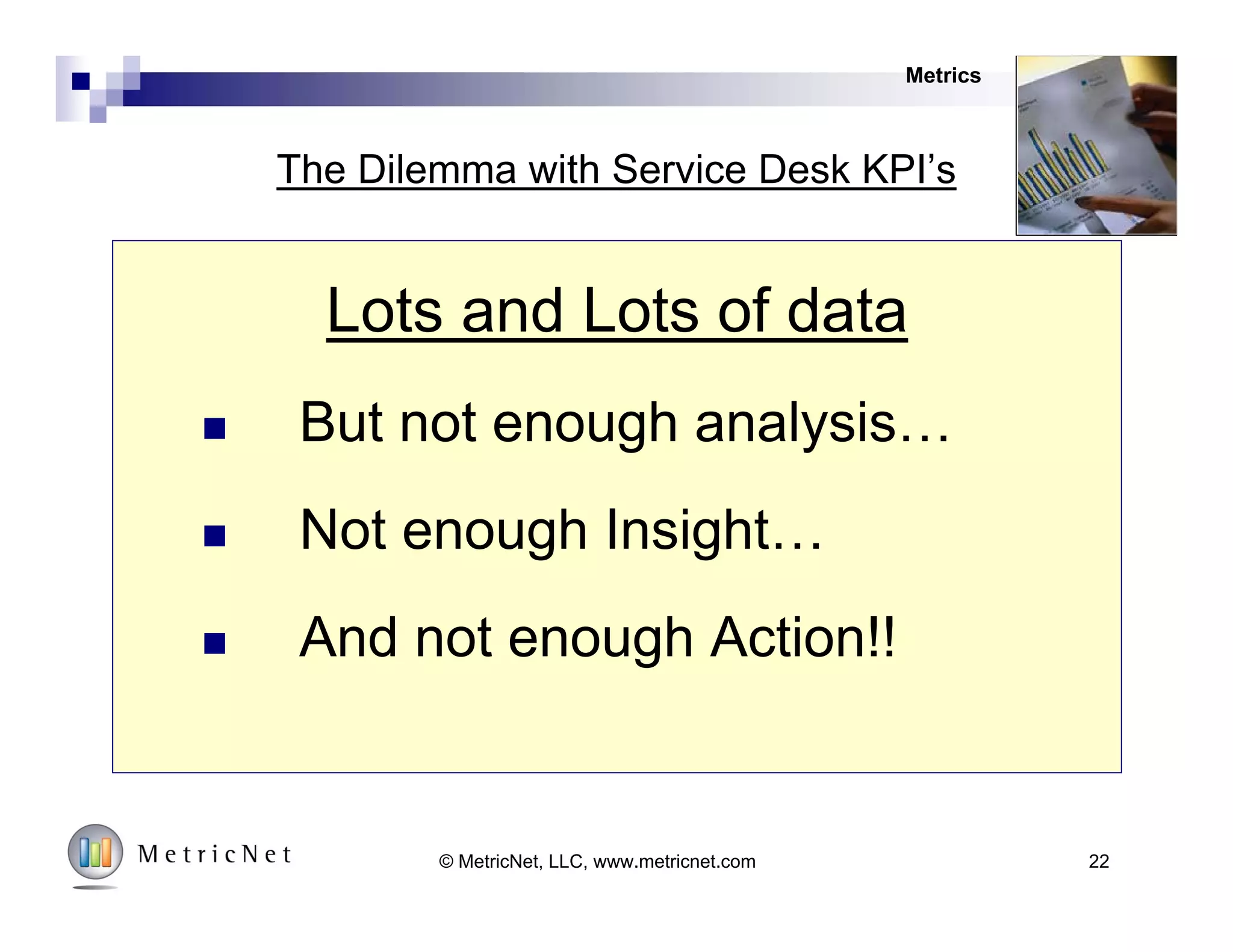 Some Common Service Desk KPI’s
 Cost per Ticket
 Cost per Minute of Handle
Time
 First Level Resolution Rate
Cost
Service Level
Quality
Call HandlingAgent
 Average speed of answer
(ASA)
 Call abandonment rate
 % Answered within 30
Seconds
 Contacts per Agent per
Month
 Agent Utilization
 Agents as % of Total
FTE’s
 Customer Satisfaction
 Call Quality
 First Contact Resolution Rate
 Agent Occupancy
 Annual Agent Turnover
 Daily Absenteeism
 New Agent Training Hours
 Annual Agent Training Hours
 Agent Schedule Adherence
 Agent Tenure
 Agent Job Satisfaction
 Contact Handle Time
 % Escalated Level 1
Resolvable
 User Self-Service
Completion Rate
And there are hundreds more!!
Metrics
Productivity
22© MetricNet, LLC, www.metricnet.com
 