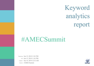 Jun 12, 2018 11:01 PM
Jun 15, 2018 11:01 PM
Jun 16, 2018 12:32 AM
#AMECSummitAnalysis:
Updated:
End:
Beginning:
#AMECSummit
Keyword
analytics
report
 