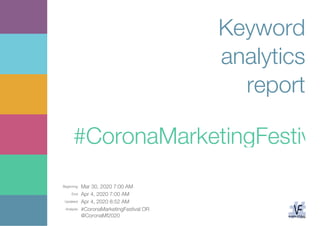 Beginning: Mar 30, 2020 7:00 AM
End: Apr 4, 2020 7:00 AM
Updated: Apr 4, 2020 8:52 AM
Analysis: #CoronaMarketingFestival OR
@CoronaMf2020
Keyword
analytics
report
#CoronaMarketingFestiva
 