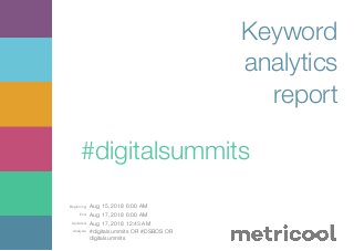 Beginning: Aug 15, 2018 6:00 AM
End: Aug 17, 2018 6:00 AM
Updated: Aug 17, 2018 12:43 AM
Analysis: #digitalsummits OR #DSBOS OR
digitalsummits
Keyword
analytics
report
#digitalsummits
 