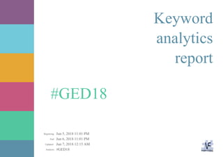 Jun 5, 2018 11:01 PM
Jun 6, 2018 11:01 PM
Jun 7, 2018 12:15 AM
#GED18Analysis:
Updated:
End:
Beginning:
#GED18
Keyword
analytics
report
 