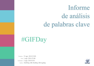 31 ago. 2018 23:00
1 sept. 2018 23:00
2 sept. 2018 0:59
#GIFDay OR #GifDay OR #gifdayAnálisis:
Actualizado:
Final:
Comienzo:
#GIFDay
Informe
de análisis
de palabras clave
 