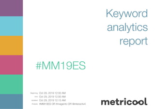 Beginning: Oct 28, 2019 12:00 AM
End: Oct 29, 2019 12:00 AM
Updated: Oct 29, 2019 12:15 AM
Analysis: #MM19ES OR #magento OR @interactiv4
Keyword
analytics
report
#MM19ES
 