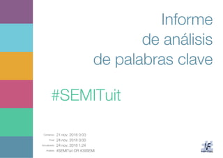 Comienzo: 21 nov. 2018 0:00
Final: 24 nov. 2018 0:00
Actualizado: 24 nov. 2018 1:24
Análisis: #SEMITuit OR #39SEMI
Informe
de análisis
de palabras clave
#SEMITuit
 