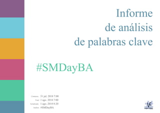 31 jul. 2018 7:00
1 ago. 2018 7:00
1 ago. 2018 8:20
#SMDayBAAnálisis:
Actualizado:
Final:
Comienzo:
#SMDayBA
Informe
de análisis
de palabras clave
 