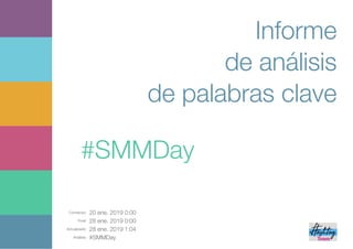 Comienzo: 20 ene. 2019 0:00
Final: 28 ene. 2019 0:00
Actualizado: 28 ene. 2019 1:04
Análisis: #SMMDay
Informe
de análisis
de palabras clave
#SMMDay
 
