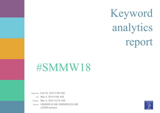 Feb 28, 2018 9:00 AM
Mar 4, 2018 9:00 AM
Mar 4, 2018 10:29 AM
@SMExaminer
#SMMW18 OR #SMMW2018 ORAnalysis:
Updated:
End:
Beginning:
#SMMW18
Keyword
analytics
report
 