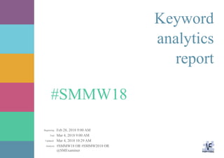 Feb 28, 2018 9:00 AM
Mar 4, 2018 9:00 AM
Mar 4, 2018 10:29 AM
@SMExaminer
#SMMW18 OR #SMMW2018 ORAnalysis:
Updated:
End:
Beginning:
#SMMW18
Keyword
analytics
report
 