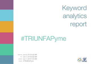 Beginning: Jun 6, 2019 6:00 AM
End: Jun 7, 2019 6:00 AM
Updated: Jun 7, 2019 7:23 AM
Analysis: #TRIUNFAPyme
Keyword
analytics
report
#TRIUNFAPyme
 
