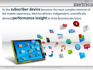 As the subscriber device becomes the most complex element of
the mobile experience, Metrico delivers independent, scientifically
derived performance insight to drive business decisions.




  April 19, 2011     ©2011 All Rights Reserved. Metrico Wireless, Inc.   2
 