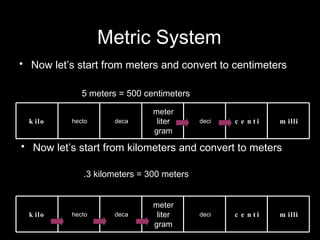 Metric System Now let’s start from meters and convert to centimeters 5 meters = 500 centimeters Now let’s start from kilometers and convert to meters .3 kilometers = 300 meters kilo hecto deca meter liter gram deci centi milli kilo hecto deca meter liter gram deci centi milli 