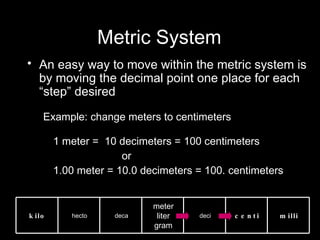 Metric System An easy way to move within the metric system is by moving the decimal point one place for each “step” desired Example: change meters to centimeters 1 meter =  10 decimeters = 100 centimeters or 1.00 meter = 10.0 decimeters = 100. centimeters kilo hecto deca meter liter gram deci centi milli 
