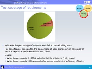 IBM Software Group | Rational software
Innovation for a smarter planet 31
Test coverage of requirements
 Indicates the percentage of requirements linked to validating tests
 For agile teams, this is often the percentage of user stories which have one or
more acceptance tests associated with them
 Usage:
When the coverage isn’t 100% it indicates that the solution isn’t fully tested
When the coverage is 100% we need other metrics to determine sufficiency of testing
Project
Quality
Design
 