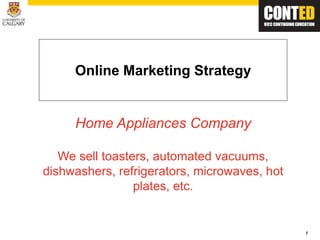 1
Online Marketing Strategy
Home Appliances Company
We sell toasters, automated vacuums,
dishwashers, refrigerators, microwaves, hot
plates, etc.
 