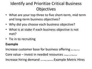 Identify and Prioritize Critical Business
Objectives
• What are your top three to five short-term, mid term
and long-term business objectives?
• Why did you choose each business objective?
• What is at stake if each business objective is not
met?
• Tie in to recruiting
Example
Increase customer base for business offering (Bus Objective)
Core value – invest in needed resources (Category of Objective)
Increase hiring demand (recruiting implication) Example Metric Hires
 