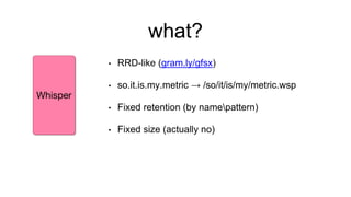 what?
• RRD-like (gram.ly/gfsx)
• so.it.is.my.metric → /so/it/is/my/metric.wsp
• Fixed retention (by namepattern)
• Fixed ...
