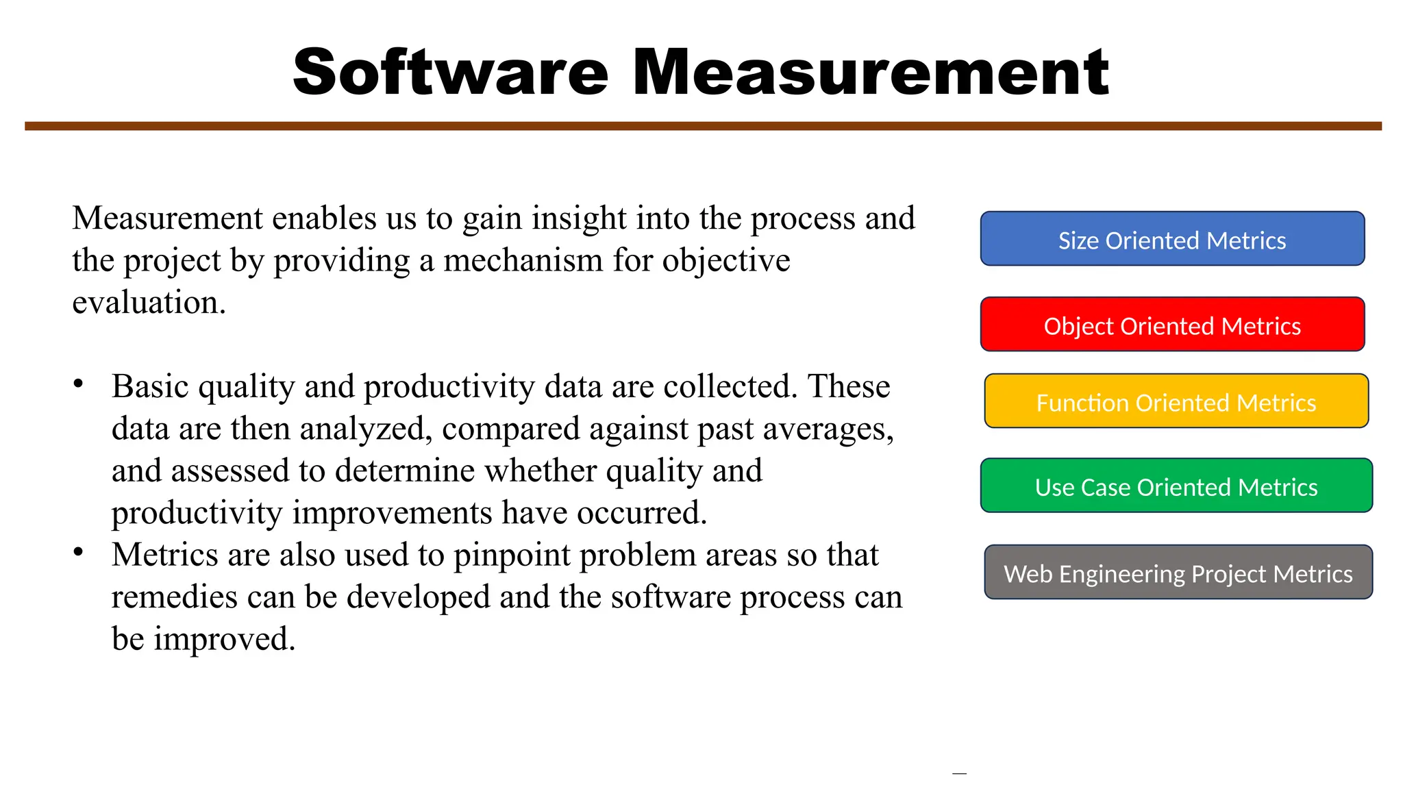 Software Measurement
Measurement enables us to gain insight into the process and
the project by providing a mechanism for objective
evaluation.
• Basic quality and productivity data are collected. These
data are then analyzed, compared against past averages,
and assessed to determine whether quality and
productivity improvements have occurred.
• Metrics are also used to pinpoint problem areas so that
remedies can be developed and the software process can
be improved.
Size Oriented Metrics
Object Oriented Metrics
Function Oriented Metrics
Use Case Oriented Metrics
Web Engineering Project Metrics
 