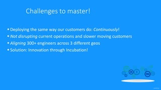 confidential
Challenges to master!
 Deploying the same way our customers do: Continuously!
 Not disrupting current operations and slower moving customers
 Aligning 300+ engineers across 3 different geos
 Solution: Innovation through Incubation!
 