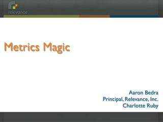 Metrics Magic


                            Aaron Bedra
                Principal, Relevance, Inc.
                         Charlotte Ruby
 