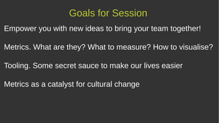 Empower you with new ideas to bring your team together!
Metrics. What are they? What to measure? How to visualise?
Tooling. Some secret sauce to make our lives easier
Metrics as a catalyst for cultural change
Goals for Session
 
