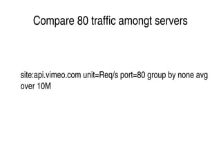    
Compare 80 traffic amongt servers
site:api.vimeo.com unit=Req/s port=80 group by none avg 
over 10M
 