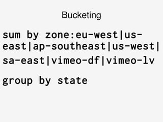    
Bucketing
sum by zone:eu-west|us-
east|ap-southeast|us-west|
sa-east|vimeo-df|vimeo-lv
group by state
 