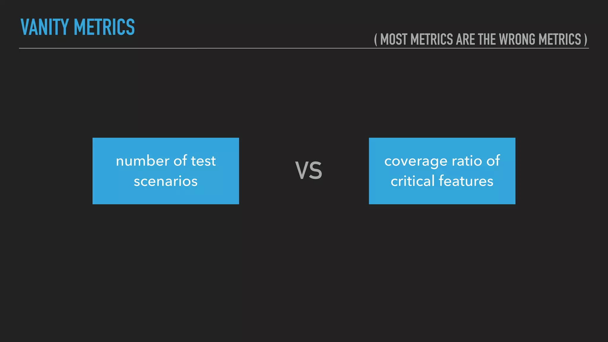 VANITY METRICS ( MOST METRICS ARE THE WRONG METRICS )
number of test
scenarios
coverage ratio of
critical featuresVS
 