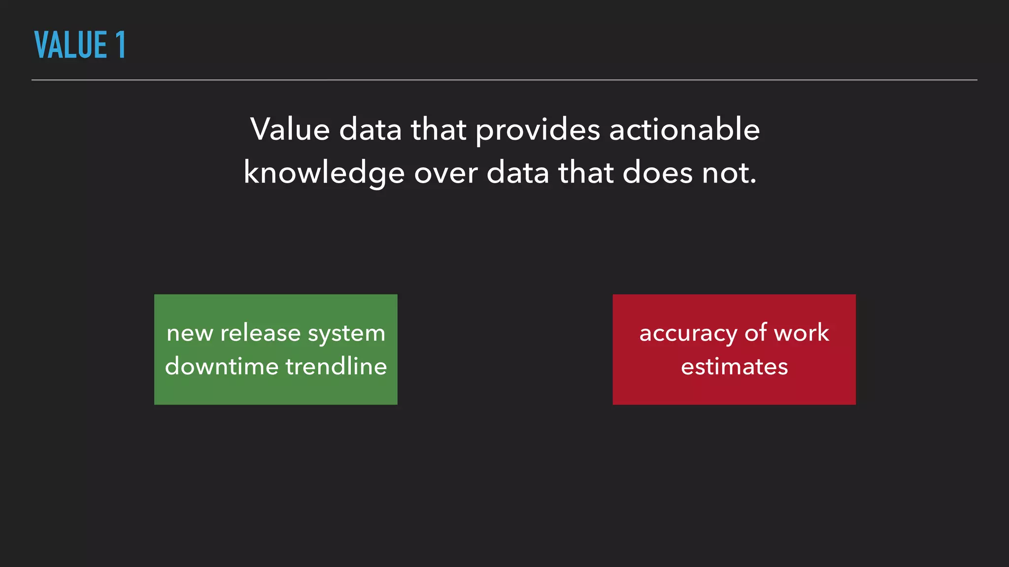 VALUE 1
Value data that provides actionable
knowledge over data that does not.
new release system
downtime trendline
accuracy of work
estimates
 