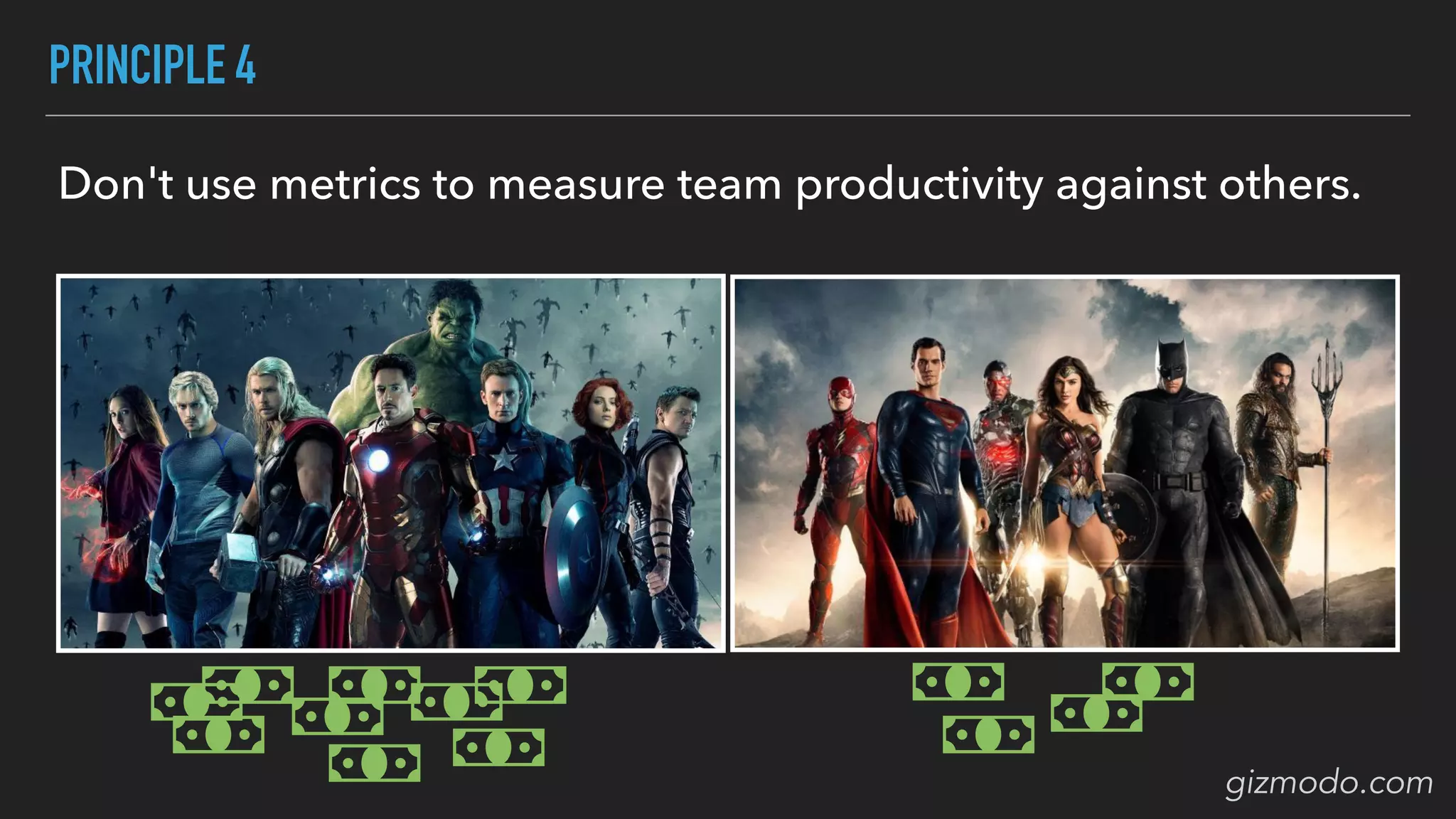 PRINCIPLE 4
Don't use metrics to measure team productivity against others.
gizmodo.com
 