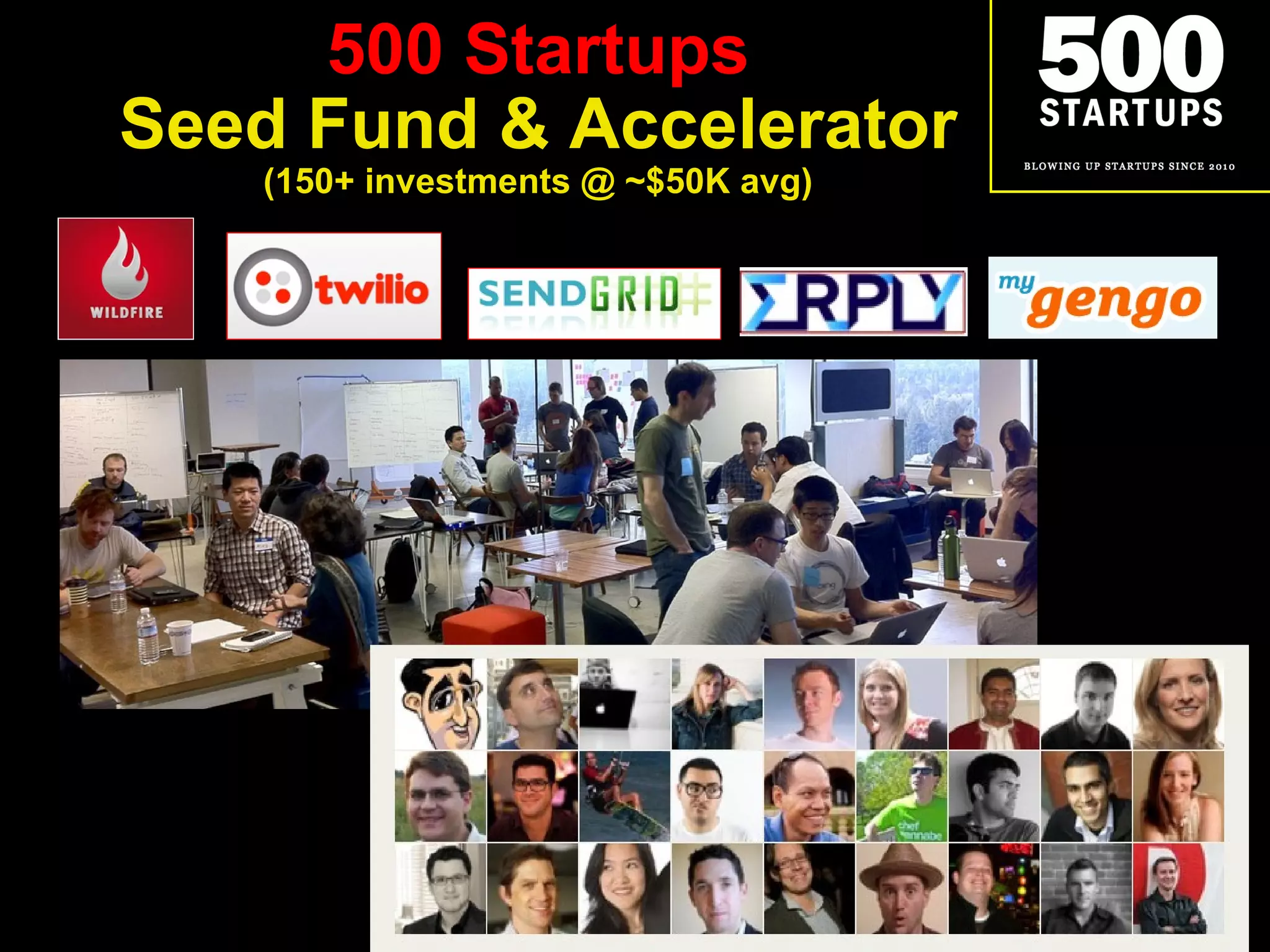500 Startups Seed Fund & Accelerator (150+ investments @ ~$50K avg) 
