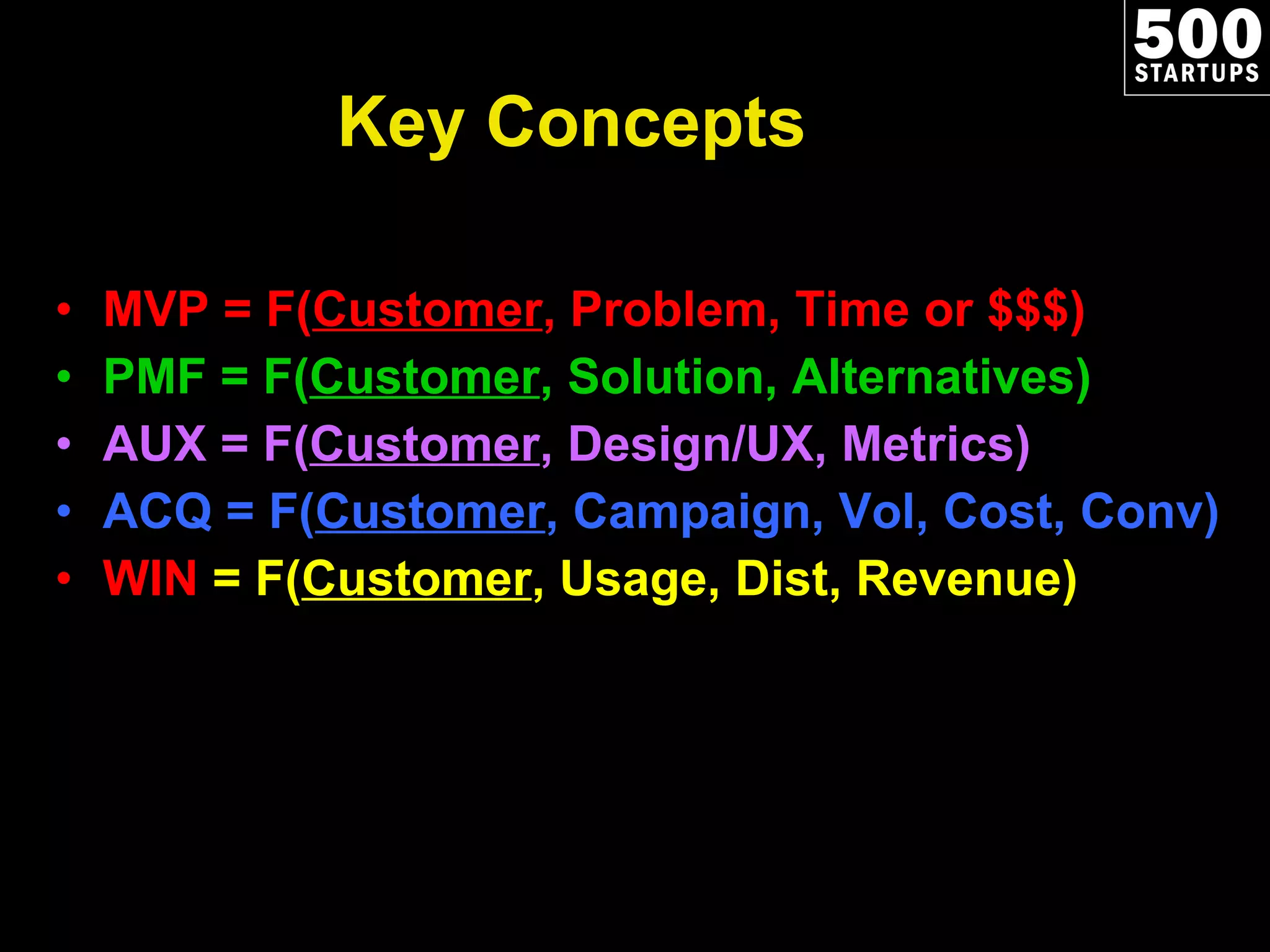 Key Concepts MVP = F( Customer , Problem, Time or $$$) PMF = F( Customer , Solution, Alternatives) AUX = F( Customer , Design/UX, Metrics) ACQ = F( Customer , Campaign, Vol, Cost, Conv) WIN  = F( Customer , Usage, Dist, Revenue) 