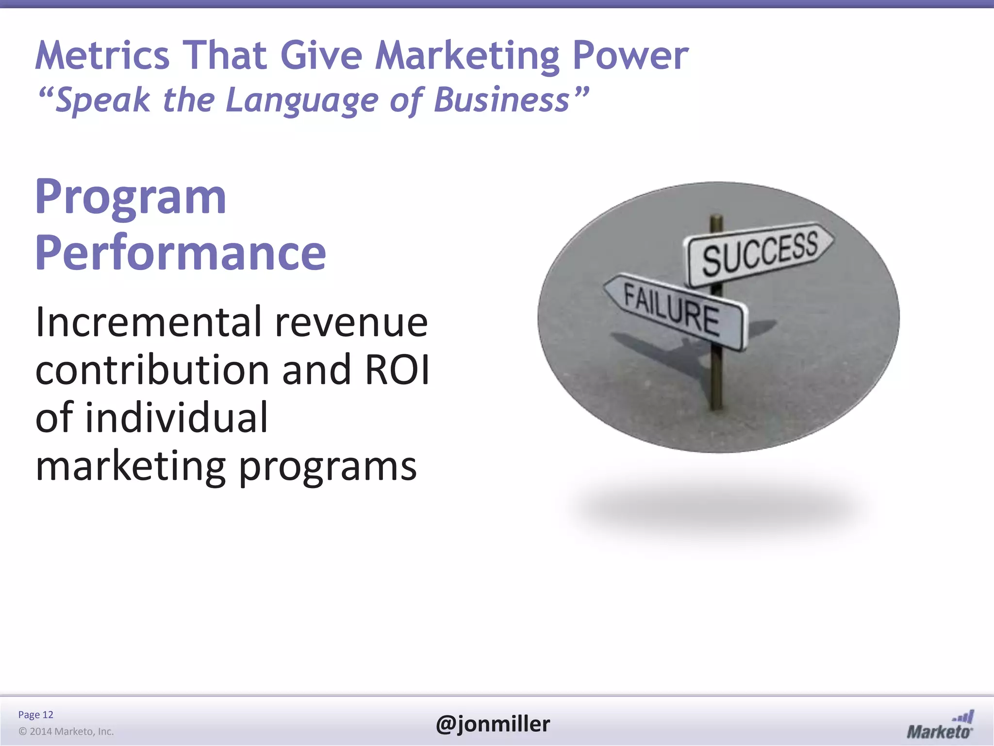 Page 12
© 2014 Marketo, Inc. @jonmiller
Metrics That Give Marketing Power
“Speak the Language of Business”
Incremental revenue
contribution and ROI
of individual
marketing programs
Program
Performance
 