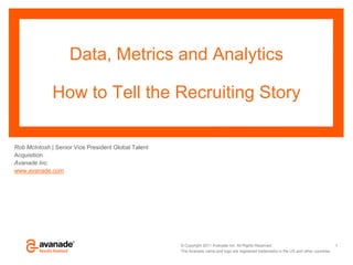 Data, Metrics and Analytics

              How to Tell the Recruiting Story

Rob McIntosh | Senior Vice President Global Talent
Acquisition
Avanade Inc.
www.avanade.com




                                                     © Copyright 2011 Avanade Inc. All Rights Reserved.                                   1
                                                     The Avanade name and logo are registered trademarks in the US and other countries.
 