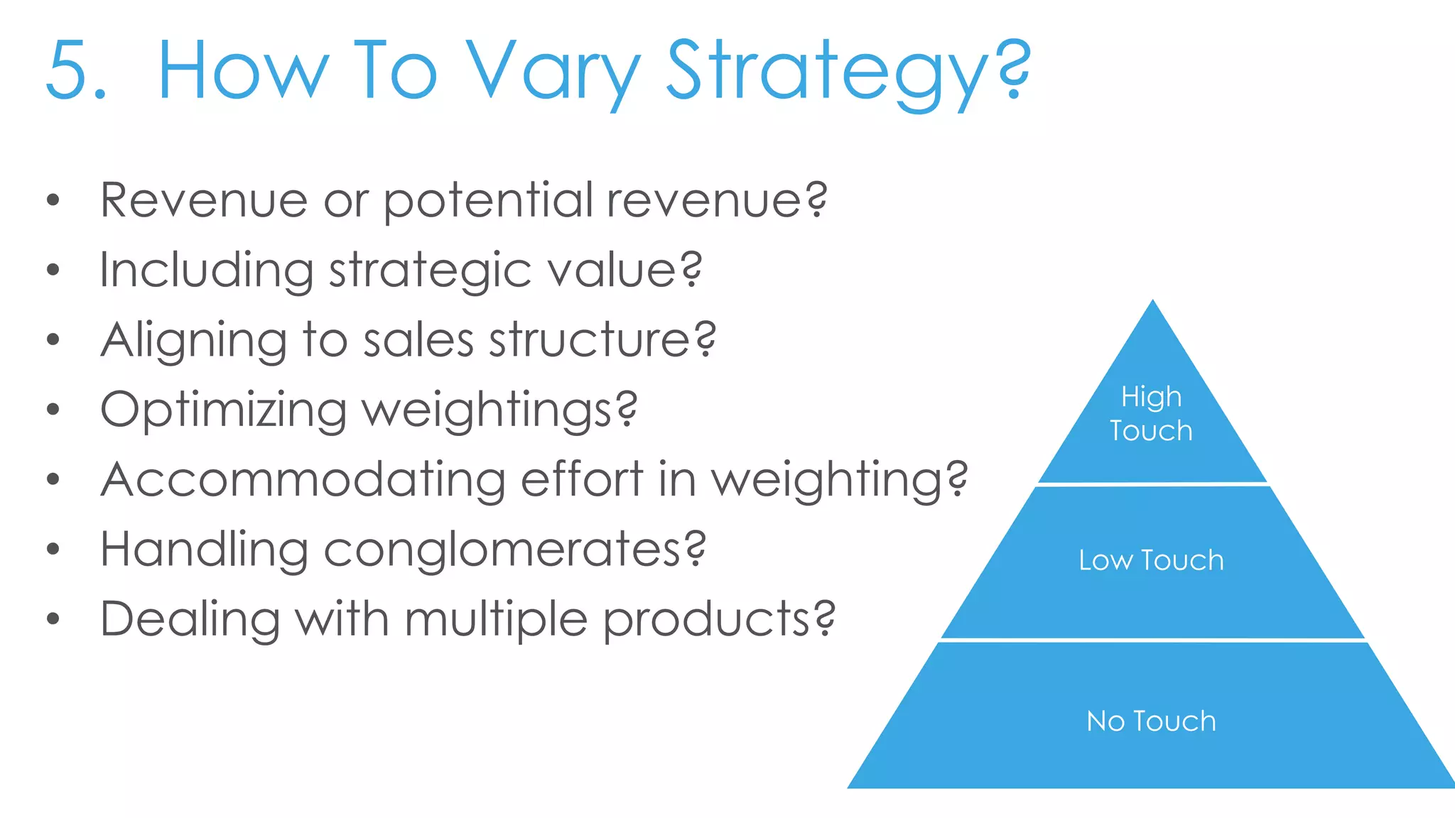 5. How To Vary Strategy?
High
Touch
Low Touch
No Touch
• Revenue or potential revenue?
• Including strategic value?
• Aligning to sales structure?
• Optimizing weightings?
• Accommodating effort in weighting?
• Handling conglomerates?
• Dealing with multiple products?
 