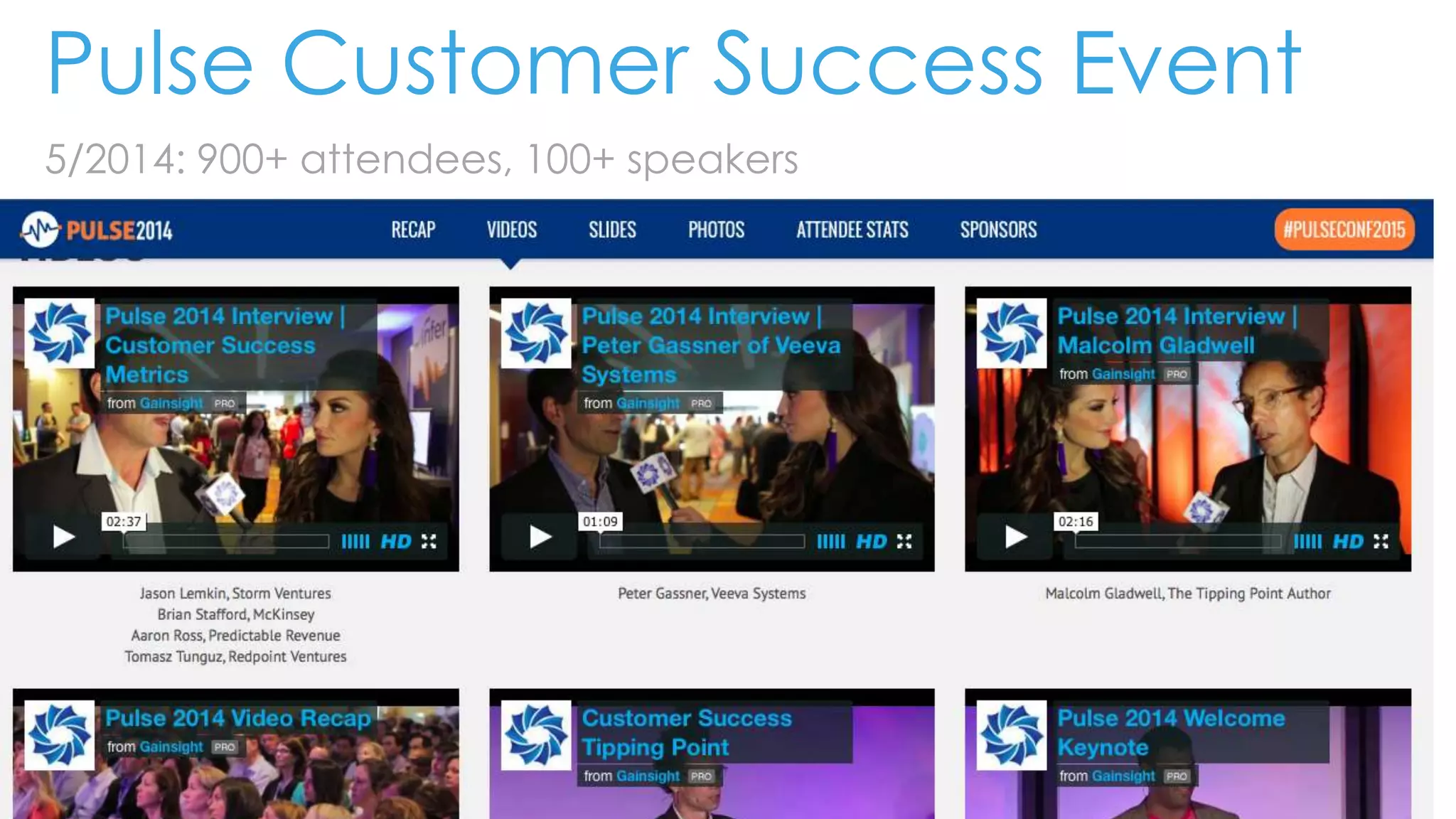 Pulse Customer Success Event
5/2014: 900+ attendees, 100+ speakers
 