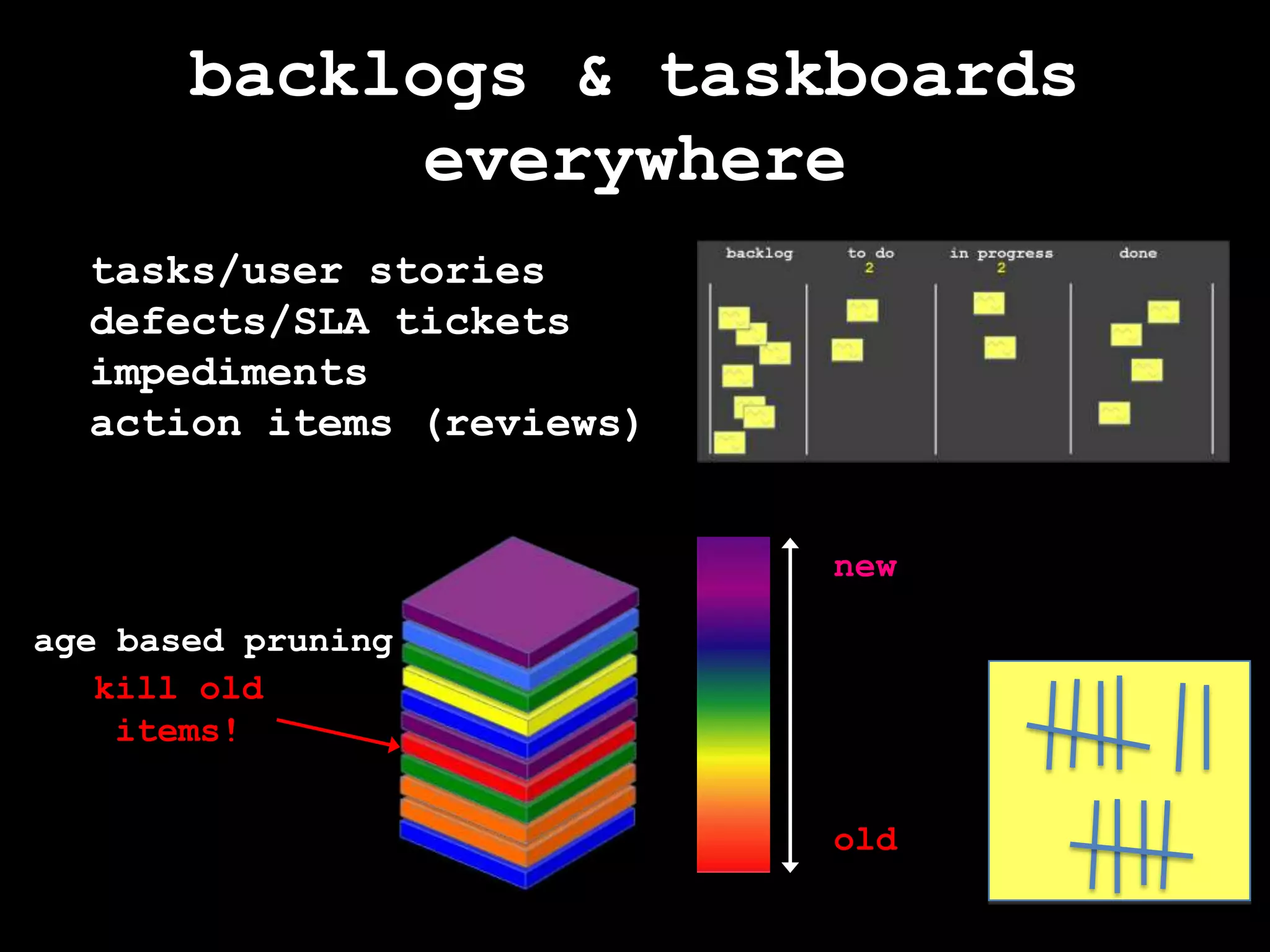 backlogs & taskboardseverywheretasks/user storiesdefects/SLA ticketsimpedimentsaction items (reviews)newage based pruningkill olditems!old